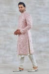 Buy_Studio Bagechaa_Pink Raw Silk Embroidered Floral Sequin Sherwani Set _Online_at_Aza_Fashions