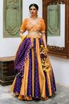 Buy_Studio Bagechaa_Yellow Silk, Chanderi Tassels V-neck Colorblock Panelled Printed Lehenga Set_at_Aza_Fashions