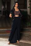 Buy_Studio Bagechaa_Black Georgette Embroidery, Cut Work Scoop Neck, Open Thread Jacket And Pant Set_at_Aza_Fashions