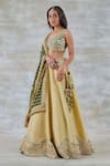 Buy_Studio Bagechaa_Green Silk Embroidery Gota Leaf Neck Champa Waistband Lehenga Set _Online_at_Aza_Fashions