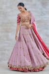 Buy_Studio Bagechaa_Pink Silk Embroidery Gota Leaf Neck Kachnaar Resham Bridal Lehenga Set _at_Aza_Fashions