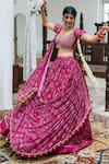 Buy_Studio Bagechaa_Pink Georgette Print Bandhani Tear Drop Neck Lehenga Set _Online_at_Aza_Fashions