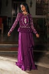 Buy_Studio Bagechaa_Purple Silk, Organza Crystals Round Neck Bandhej Print Jacket Skirt Set_at_Aza_Fashions