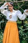 Shop_Studio Bagechaa_Yellow Silk, Georgette Bishop Sleeve Blouse With Bandhani Print A-line Skirt_at_Aza_Fashions