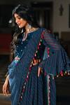 Studio Bagechaa_Blue Georgette Print Leheriya Notched Round Neck Pre-draped Saree With Blouse _Online_at_Aza_Fashions