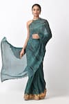 Shop_Kiran Uttam Ghosh_Green Pleated Polyester Mix Printed Saree With Unstitched Blouse  _at_Aza_Fashions