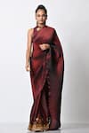 Buy_Kiran Uttam Ghosh_Maroon Pleated Polyester Mix Hand Border Saree With Unstitched Blouse  _at_Aza_Fashions