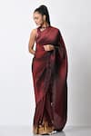 Shop_Kiran Uttam Ghosh_Maroon Pleated Polyester Mix Hand Border Saree With Unstitched Blouse  _at_Aza_Fashions