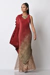 Shop_Kiran Uttam Ghosh_Red Pleated Polyester Mix Solid Round And Draped Dress  _at_Aza_Fashions