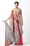 Shop_Kiran Uttam Ghosh_Grey Pleated Polyester Mix Hand Embroidery Beads Round And Draped Dress  _at_Aza_Fashions