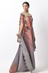 Kiran Uttam Ghosh_Grey Pleated Polyester Mix Hand Embroidery Beads Round And Draped Dress  _Online_at_Aza_Fashions