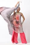 Buy_Kiran Uttam Ghosh_Grey Pleated Polyester Mix Hand Embroidery Beads Round And Draped Dress  _Online_at_Aza_Fashions