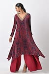 Shop_Kiran Uttam Ghosh_Maroon Pleated Polyester Mix Printed Abstract V Neck Pattern Kaftan  _at_Aza_Fashions