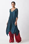 Shop_Kiran Uttam Ghosh_Blue Pleated Polyester Mix Printed Abstract V Neck Kaftan  _at_Aza_Fashions