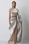 Buy_Kiran Uttam Ghosh_Silver Pleated Polyester Mix Hand Saree With Unstitched Blouse  _at_Aza_Fashions