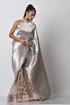 Shop_Kiran Uttam Ghosh_Silver Pleated Polyester Mix Hand Saree With Unstitched Blouse  _at_Aza_Fashions