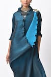 Kiran Uttam Ghosh_Blue Pleated Polyester Mix Hand Embroidery V Abstract Print Wrap Dress  _Online_at_Aza_Fashions