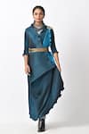 Buy_Kiran Uttam Ghosh_Blue Pleated Polyester Mix Hand Embroidery V Abstract Print Wrap Dress  _Online_at_Aza_Fashions