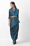 Shop_Kiran Uttam Ghosh_Blue Pleated Polyester Mix Hand Embroidery V Abstract Print Wrap Dress  _Online_at_Aza_Fashions