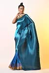 Shop_Kiran Uttam Ghosh_Blue Pleated Polyester Mix Hand Saree With Unstitched Blouse  _Online_at_Aza_Fashions