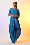 Shop_Kiran Uttam Ghosh_Blue Pleated Polyester Mix Hand Embroidered Zardosi Round Wrap Dress  _at_Aza_Fashions