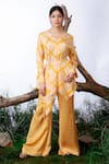 Buy_Omana By Ranjana Bothra_Yellow Satin, Georgette, Crepe Bandhani Print Asymmetric Top With Pant _at_Aza_Fashions