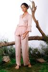 Buy_Omana By Ranjana Bothra_Pink Silk, Satin V-neck Blush Solid Wrap Around Top And Pant Set _at_Aza_Fashions