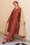 The Home Affair_Maroon Cotton Silk Embroidered Gota And Thread Work V Neck Kurta Palazzo Set _Online_at_Aza_Fashions