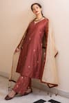Buy_The Home Affair_Maroon Cotton Silk Embroidered Gota And Thread Work V Neck Kurta Palazzo Set _Online_at_Aza_Fashions