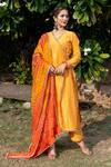 Buy_The Home Affair_Yellow Cotton, Silk, Crepe Gota Fiery Angarkha Set With Bandhej Pattern Dupatta_at_Aza_Fashions