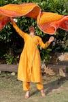 Buy_The Home Affair_Yellow Cotton, Silk, Crepe Gota Fiery Angarkha Set With Bandhej Pattern Dupatta_Online_at_Aza_Fashions