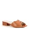 Shop_OCEEDEE_Brown Matte Misha Leather Cut Out Strap Sliders _at_Aza_Fashions