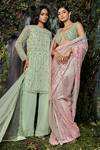 Kashmiraa_Green Georgette, Net Cut Work, Embroidery Round Neck Hand Kurta Pant Set _Online_at_Aza_Fashions