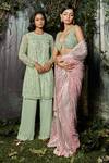 Kashmiraa_Green Georgette, Net Cut Work, Embroidery Round Neck Hand Kurta Pant Set _at_Aza_Fashions