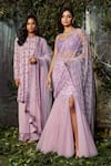 Shop_Kashmiraa_Purple Georgette, Net Crystals Round Neck Crsytals Embroidered Kurta Pant Set _at_Aza_Fashions