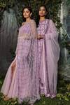 Kashmiraa_Purple Georgette, Net Crystals Round Neck Crsytals Embroidered Kurta Pant Set _at_Aza_Fashions