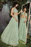 Kashmiraa_Green Organza, Net Crystals Sweetheart Crsytals Embroidered Blouse Lehenga Set _Online_at_Aza_Fashions