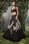 Buy_Kashmiraa_Black Organza Hand Embroidered Cutdana Sweetheart Neck Lehenga Set _Online_at_Aza_Fashions