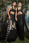 Buy_Kashmiraa_Black Organza Hand Embroidered Cutdana Sweetheart Neck Lehenga Set 