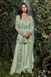 Buy_Kashmiraa_Green Organza, Net Pearls, Embroidery Round Neck Hand Kurta Sharara Set _at_Aza_Fashions
