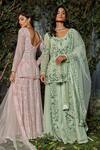 Kashmiraa_Green Organza, Net Pearls, Embroidery Round Neck Hand Kurta Sharara Set _Online_at_Aza_Fashions