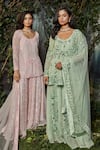 Buy_Kashmiraa_Green Organza, Net Pearls, Embroidery Round Neck Hand Kurta Sharara Set _Online_at_Aza_Fashions