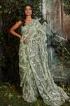 Buy_Kashmiraa_Green Net Embroidered Tikki Square Neck Saree With Blouse _at_Aza_Fashions