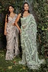 Kashmiraa_Green Net Embroidered Tikki Square Neck Saree With Blouse _Online_at_Aza_Fashions