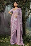 Buy_Kashmiraa_Purple Net Hand Embroidered Cutdana Sweetheart Neck Saree With Blouse _at_Aza_Fashions