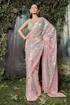 Buy_Kashmiraa_Pink Net Hand Embroidered Cutdana Sweetheart Neck Tikki Saree With Blouse _at_Aza_Fashions