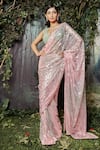 Kashmiraa_Pink Net Hand Embroidered Cutdana Sweetheart Neck Tikki Saree With Blouse _Online_at_Aza_Fashions