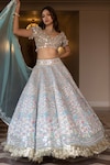 Buy_Abhinav Mishra_Blue Lehenga - Chanderi Embroidered Gota Sweetheart Neck Geometric Print And Set_at_Aza_Fashions