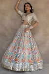 Abhinav Mishra_Multi Color Lehenga - Chanderi Embroidered Gota V Neck And Geometric Print Set_Online_at_Aza_Fashions