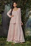 Buy_Kashmiraa_Pink Organza, Net Crystals Round Neck Embroidered Kurta Sharara Set _at_Aza_Fashions
